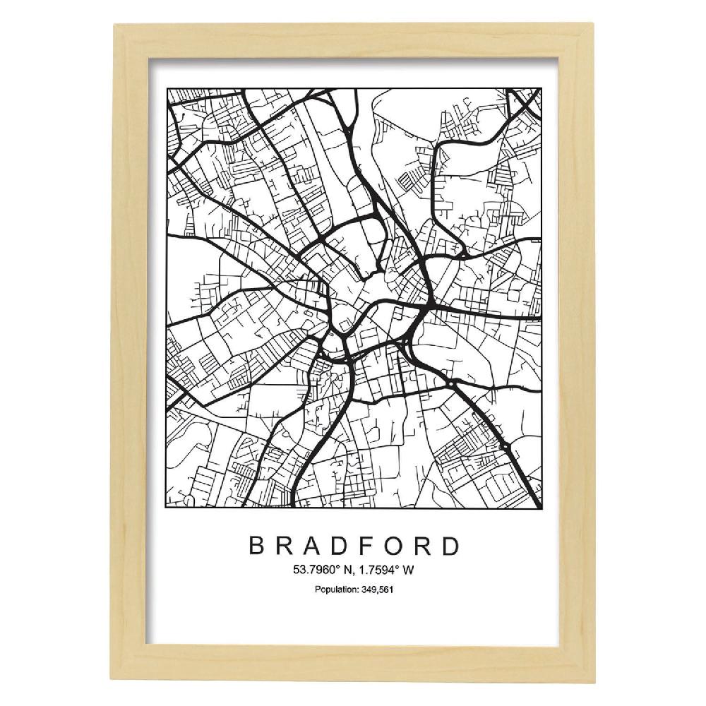 Nacnic Lámina Estilo Nórdico Del Mapa De Bradford En Blanco Y Negro