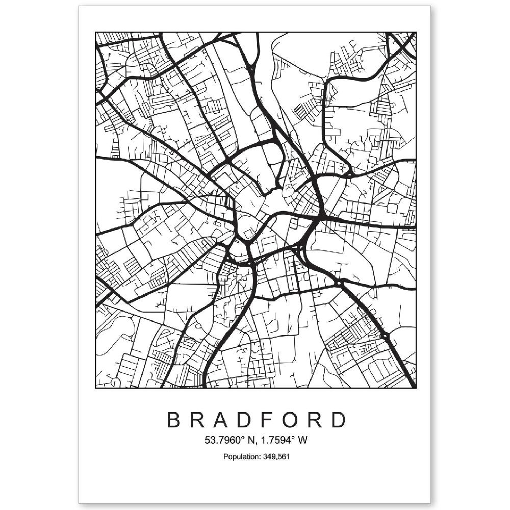 nacnic Lámina estilo nórdico del mapa de Bradford en blanco y negro