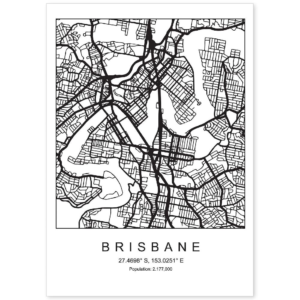 nacnic Lámina estilo nórdico del mapa de Brisbane en blanco y negro