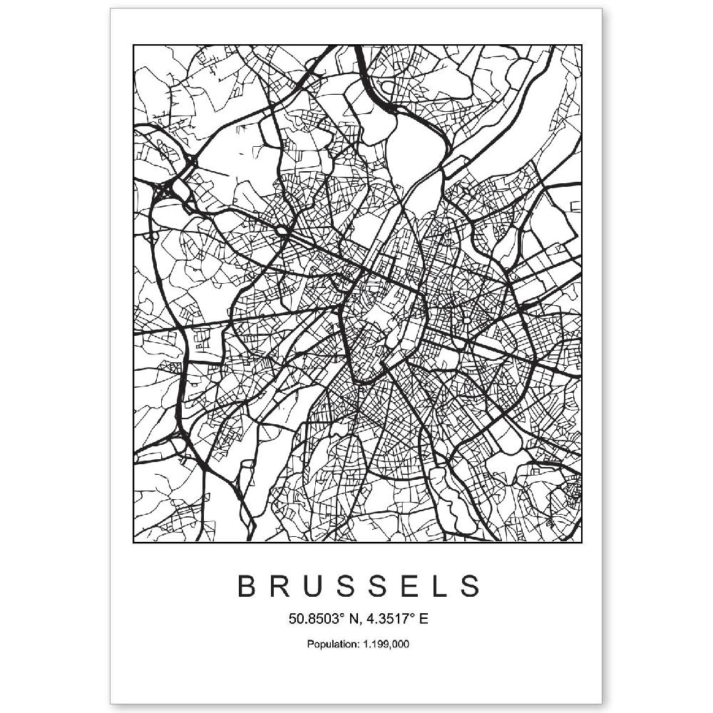 nacnic Lámina estilo nórdico del mapa de Brussels en blanco y negro