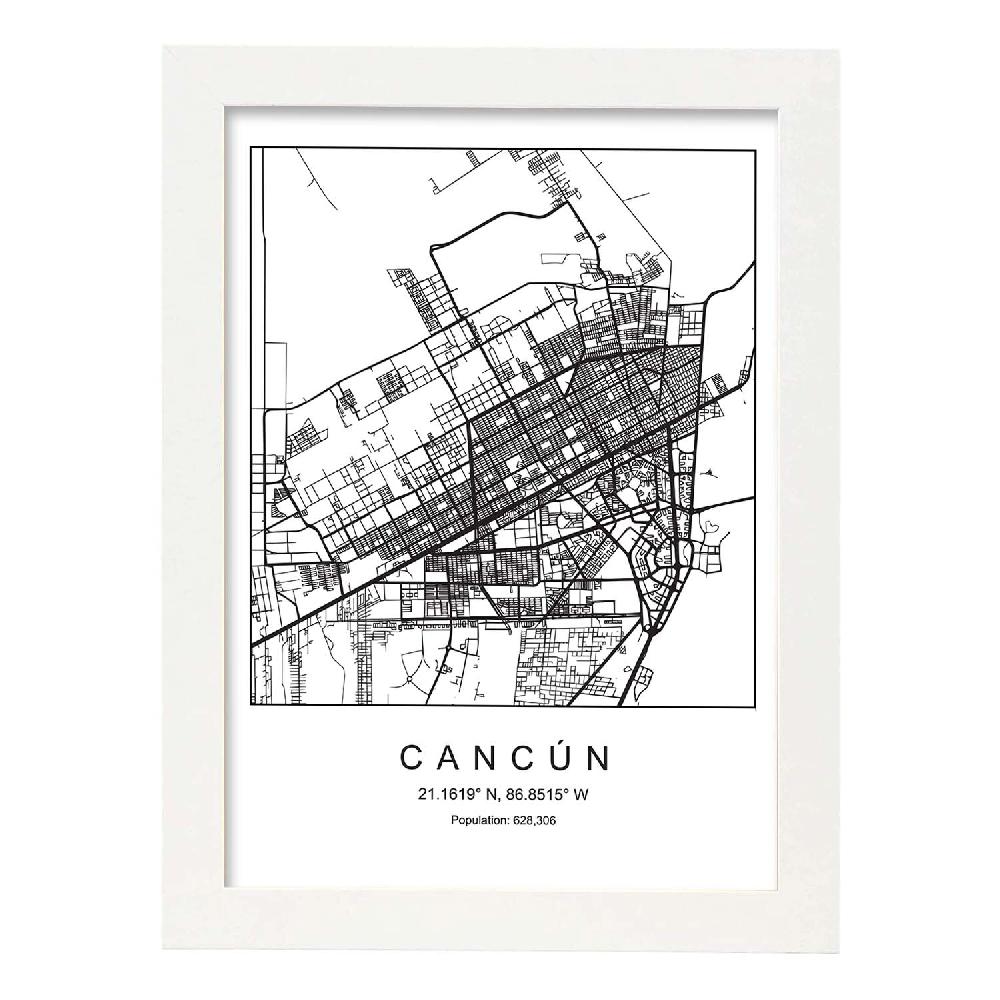 Nacnic Lámina Estilo Nórdico Del Mapa De Cancun En Blanco Y Negro
