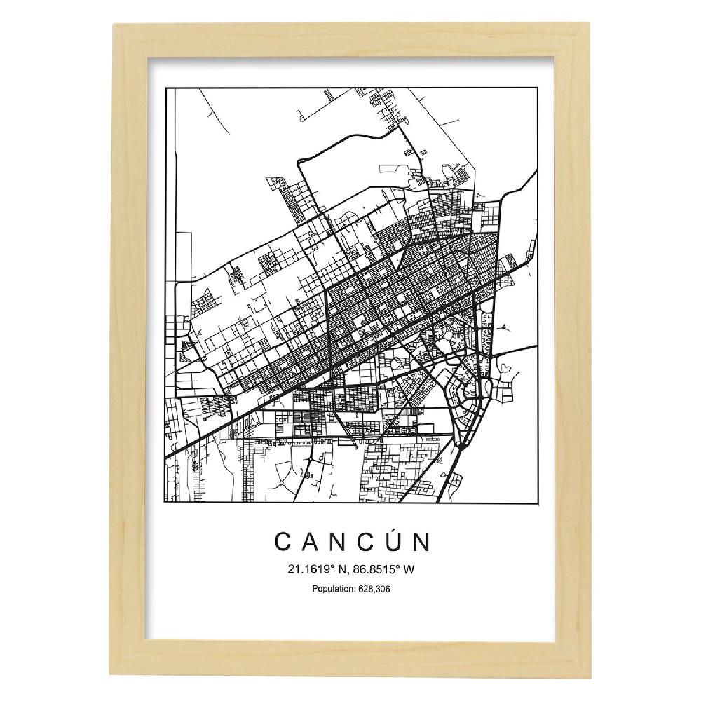 Nacnic Lámina Estilo Nórdico Del Mapa De Cancun En Blanco Y Negro
