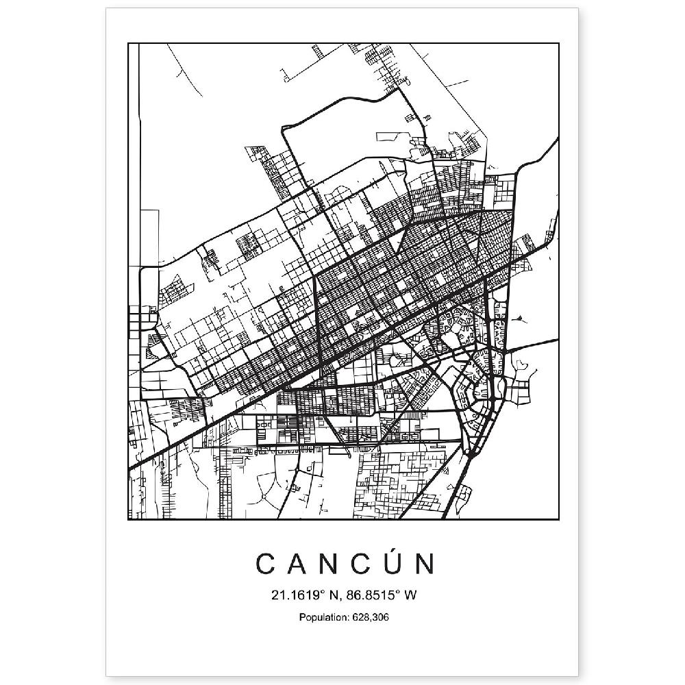 nacnic Lámina estilo nórdico del mapa de Cancun en blanco y negro
