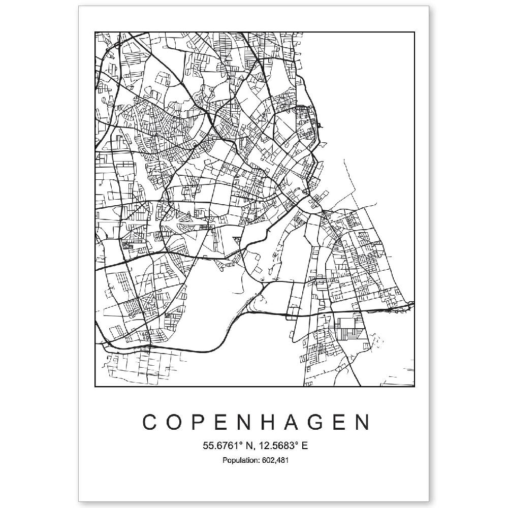 nacnic Lámina estilo nórdico del mapa de Copenhagen en blanco y negro
