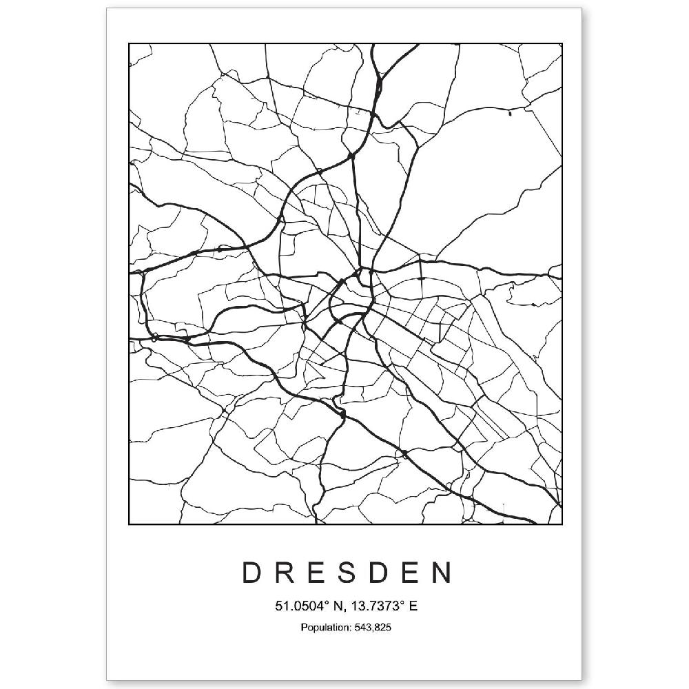 nacnic Lámina estilo nórdico del mapa de Dresden en blanco y negro