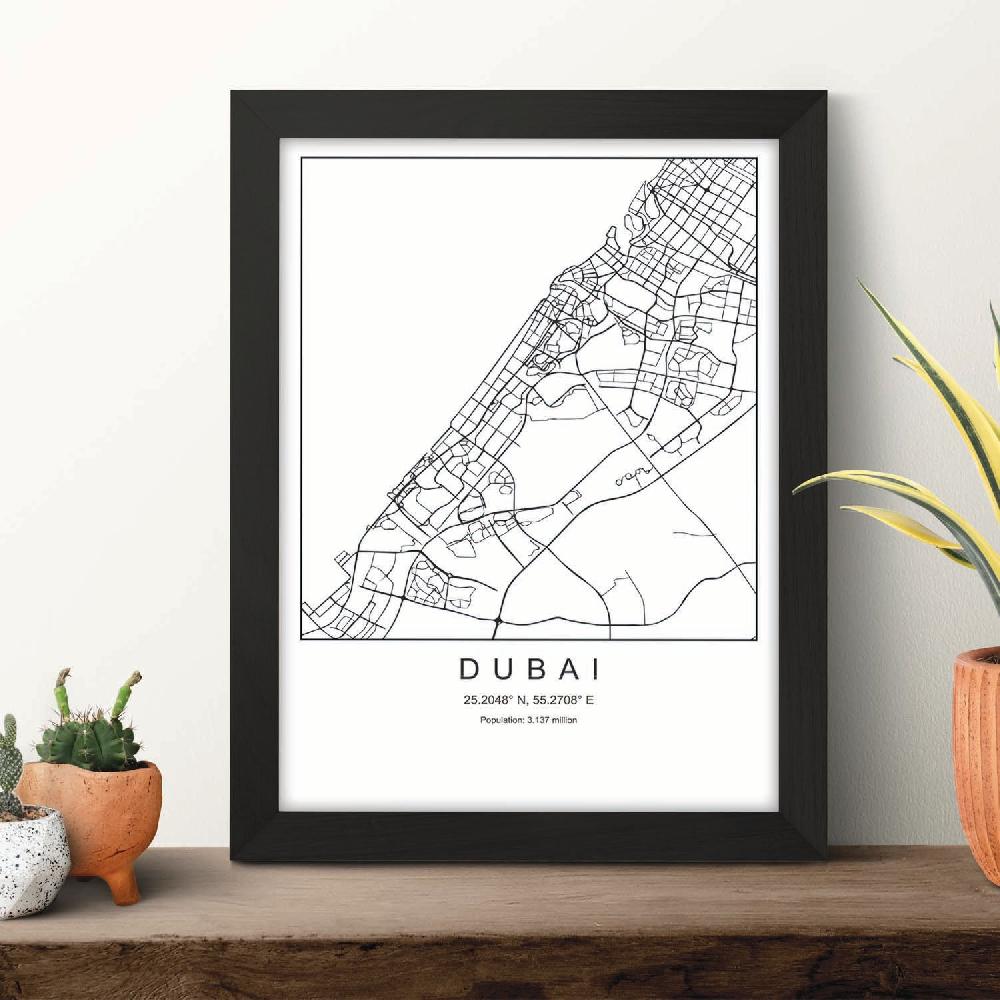 Nacnic Lámina Estilo Nórdico Del Mapa De Dubai En Blanco Y Negro