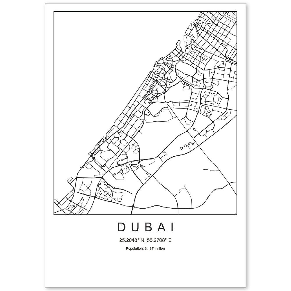nacnic Lámina estilo nórdico del mapa de Dubai en blanco y negro