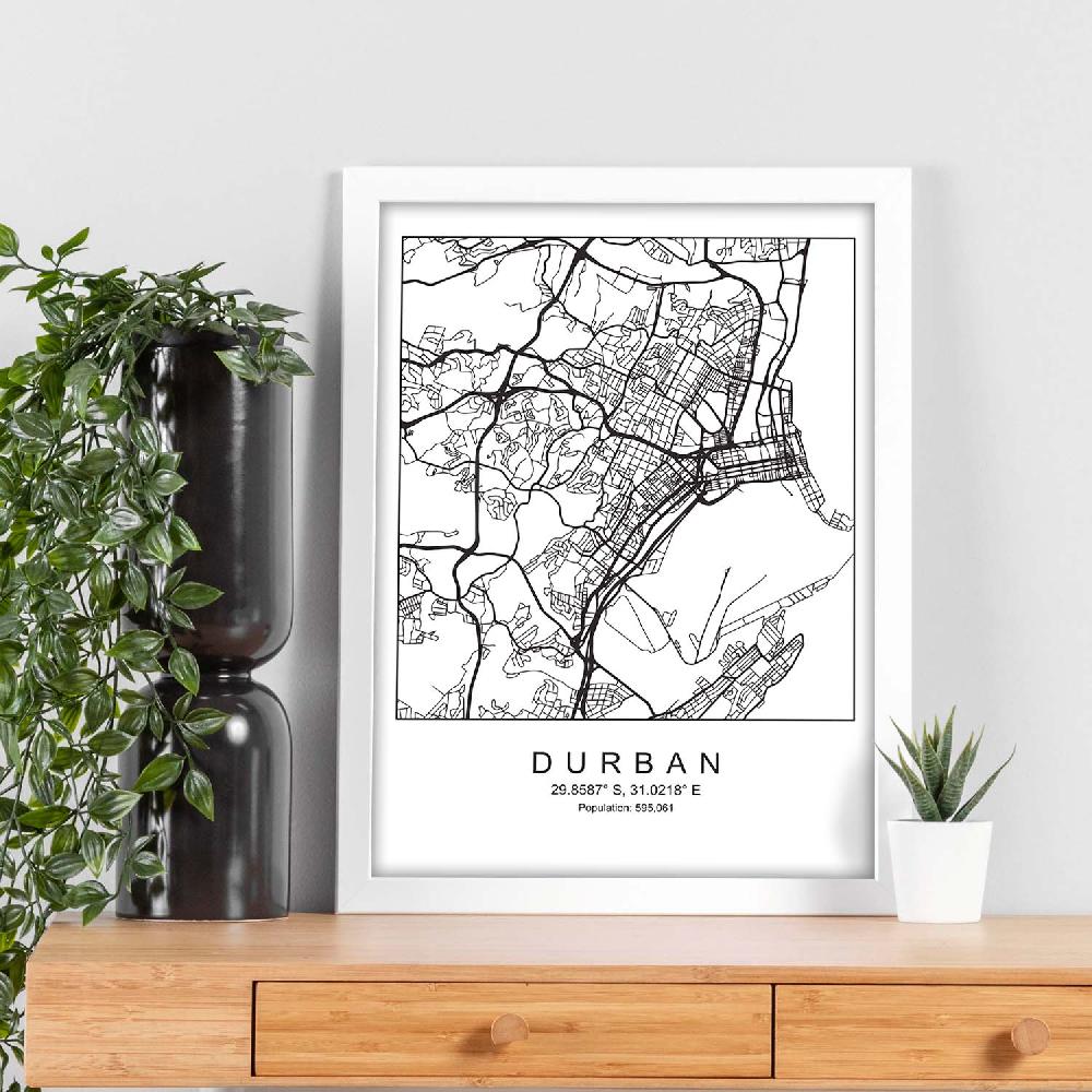 Nacnic Lámina Estilo Nórdico Del Mapa De Durban En Blanco Y Negro