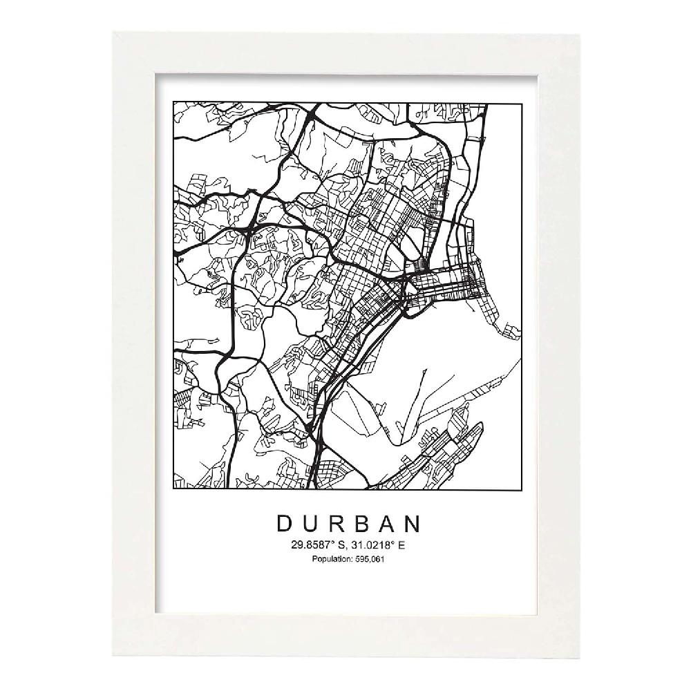 Nacnic Lámina Estilo Nórdico Del Mapa De Durban En Blanco Y Negro