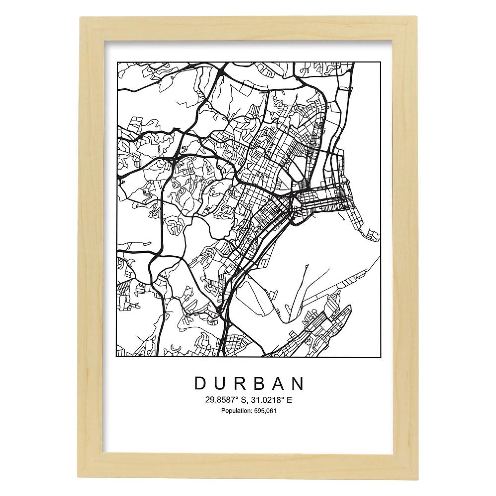 Nacnic Lámina Estilo Nórdico Del Mapa De Durban En Blanco Y Negro