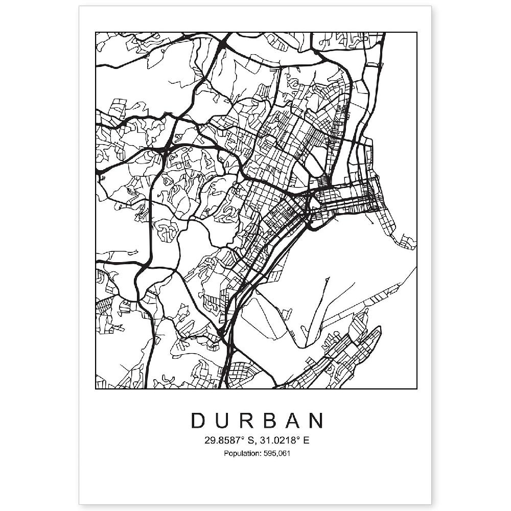 nacnic Lámina estilo nórdico del mapa de Durban en blanco y negro