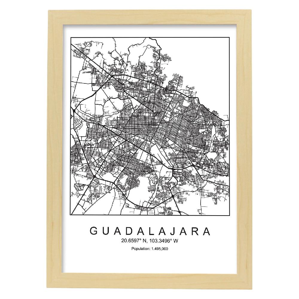 Nacnic Lámina Estilo Nórdico Del Mapa De Guadalajara En Blanco Y Negro
