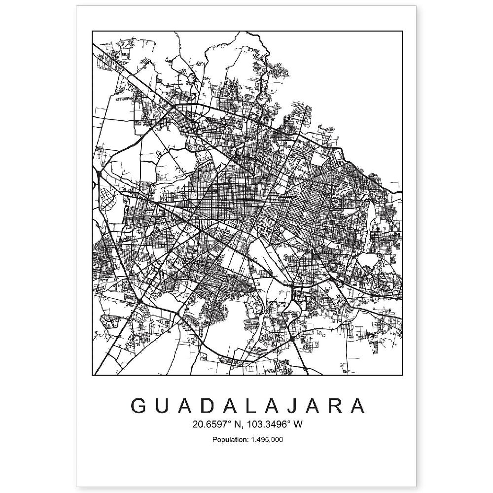 nacnic Lámina estilo nórdico del mapa de Guadalajara en blanco y negro