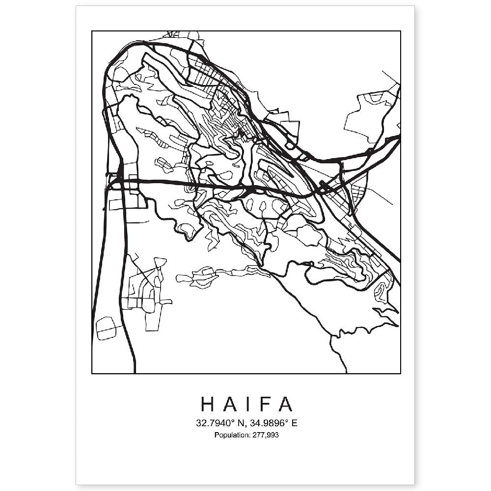 nacnic Lámina estilo nórdico del mapa de Haifa en blanco y negro
