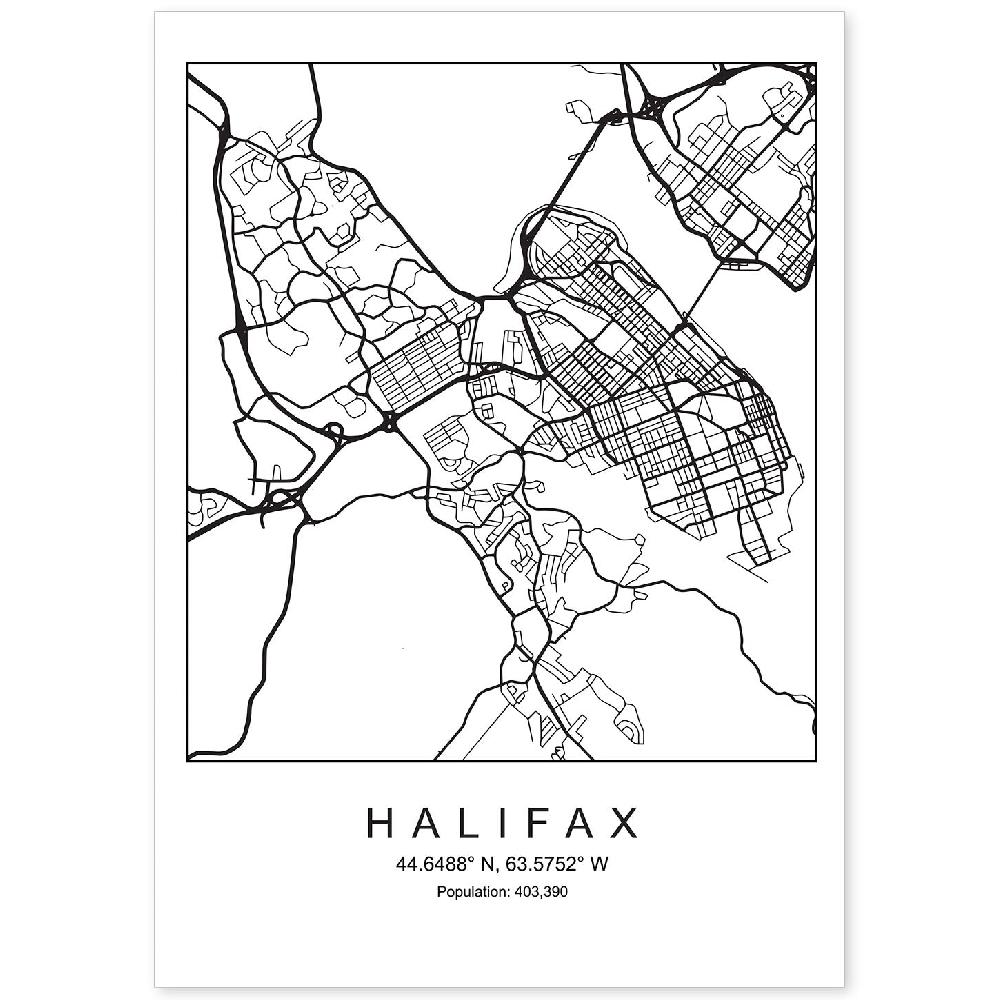 nacnic Lámina estilo nórdico del mapa de Halifax en blanco y negro