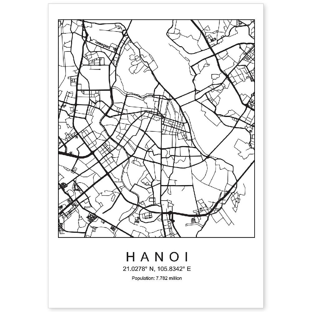 nacnic Lámina estilo nórdico del mapa de Hanoi en blanco y negro