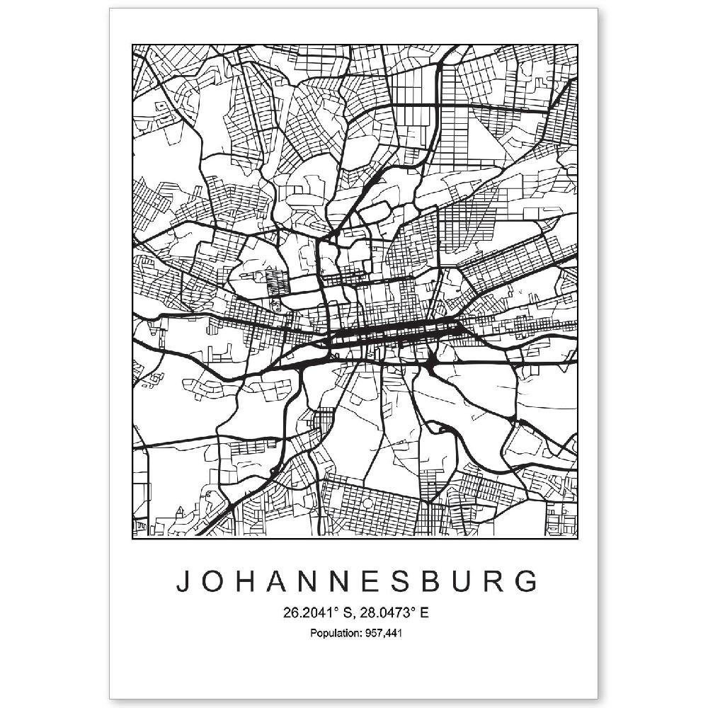 nacnic Lámina estilo nórdico del mapa de Johannesburgo en blanco y negro