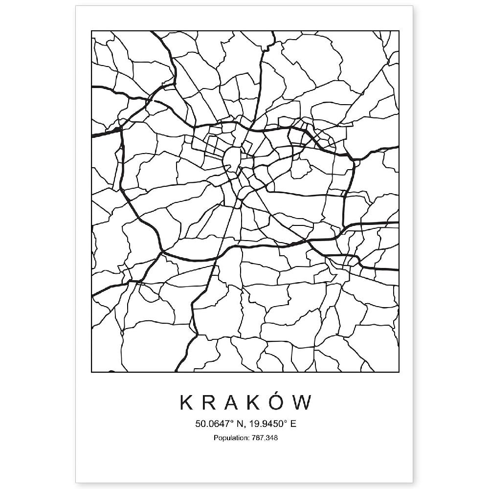 nacnic Lámina estilo nórdico del mapa de Kaków en blanco y negro