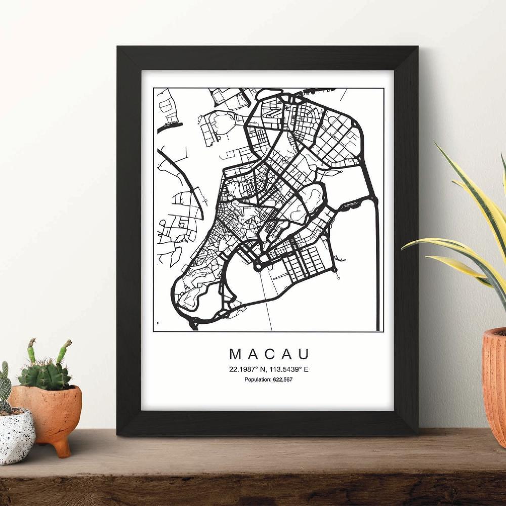 Nacnic Lámina Estilo Nórdico Del Mapa De Macau En Blanco Y Negro