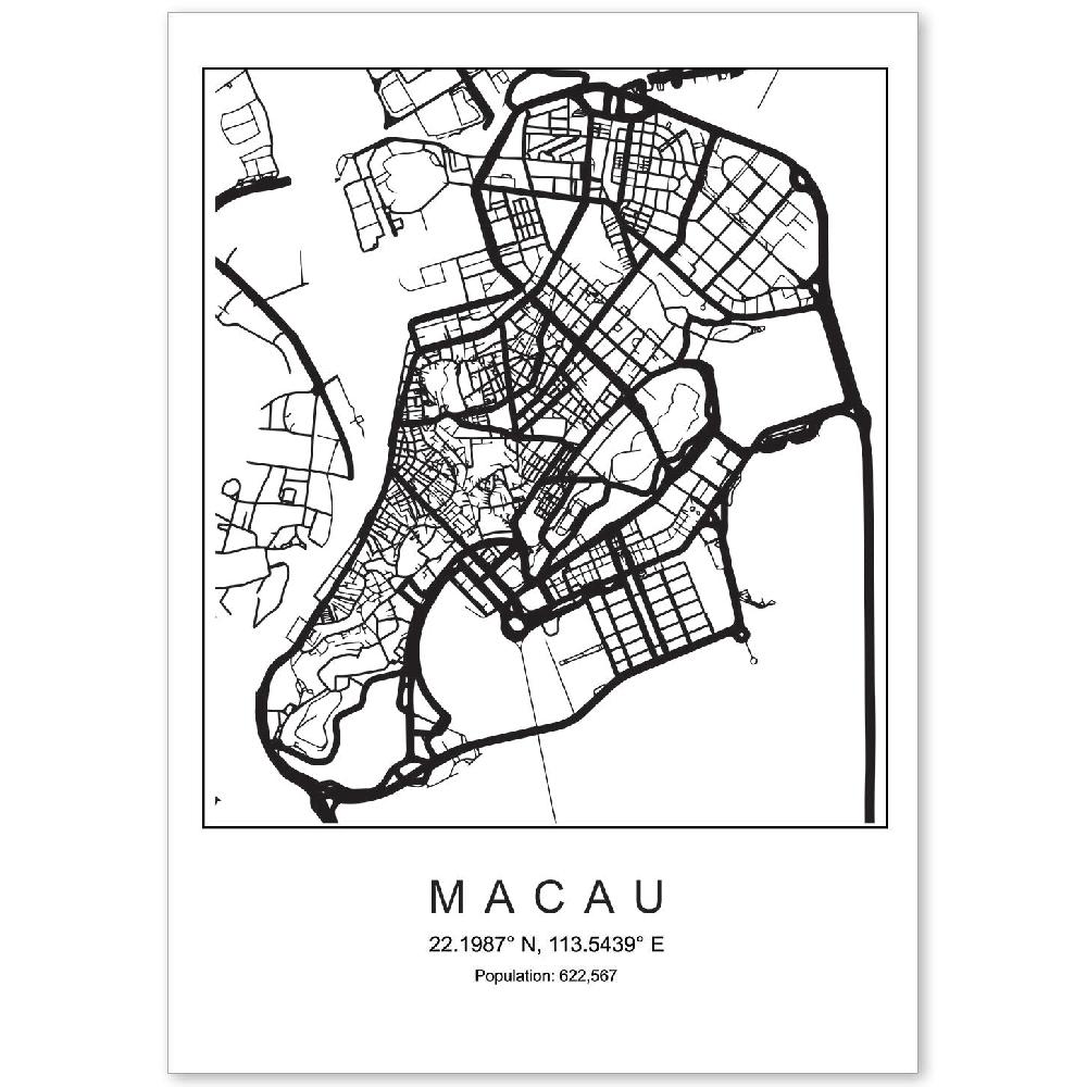nacnic Lámina estilo nórdico del mapa de Macau en blanco y negro