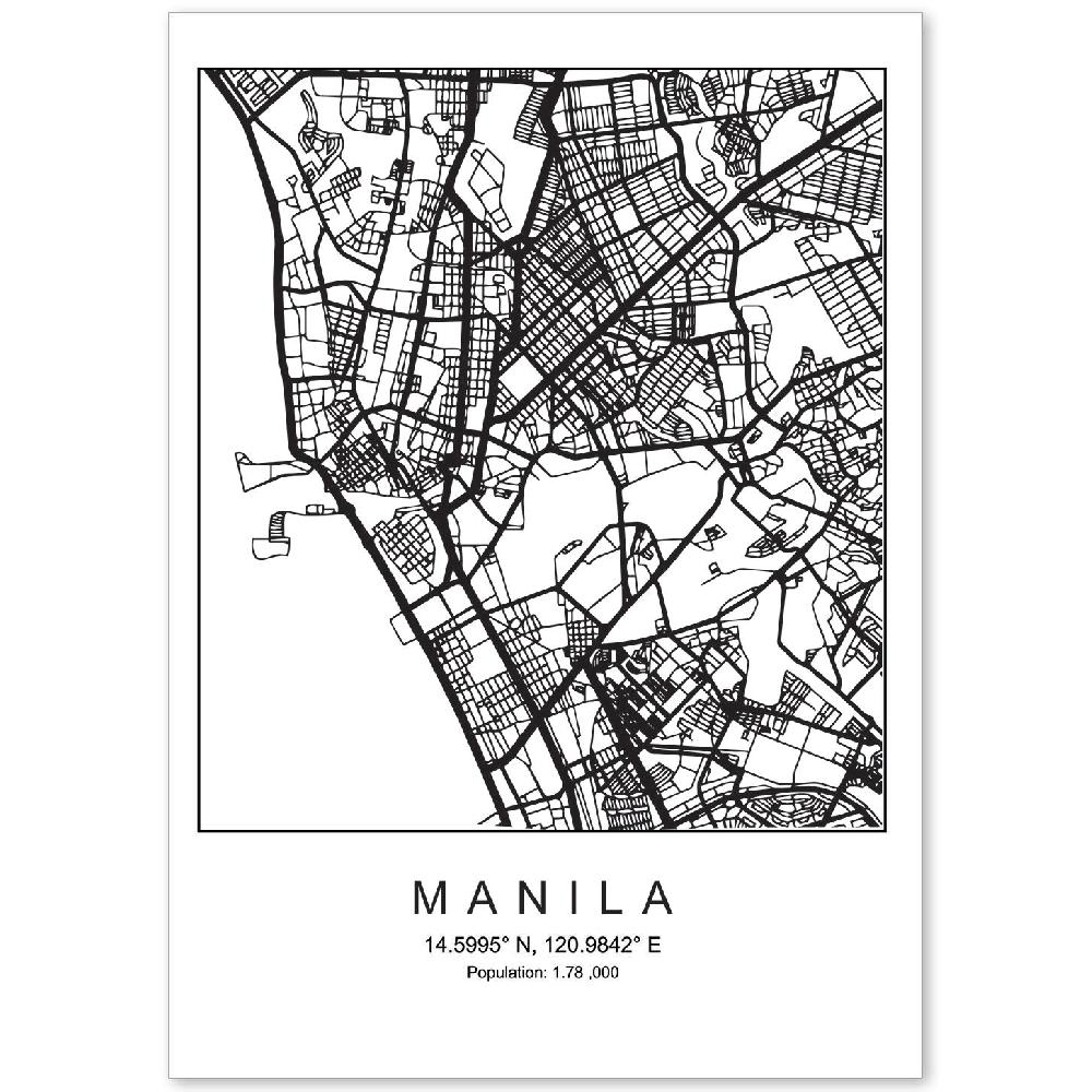 nacnic Lámina estilo nórdico del mapa de Manila en blanco y negro