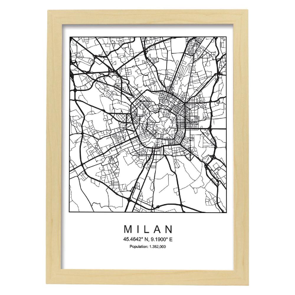Nacnic Lámina Estilo Nórdico Del Mapa De Milan En Blanco Y Negro