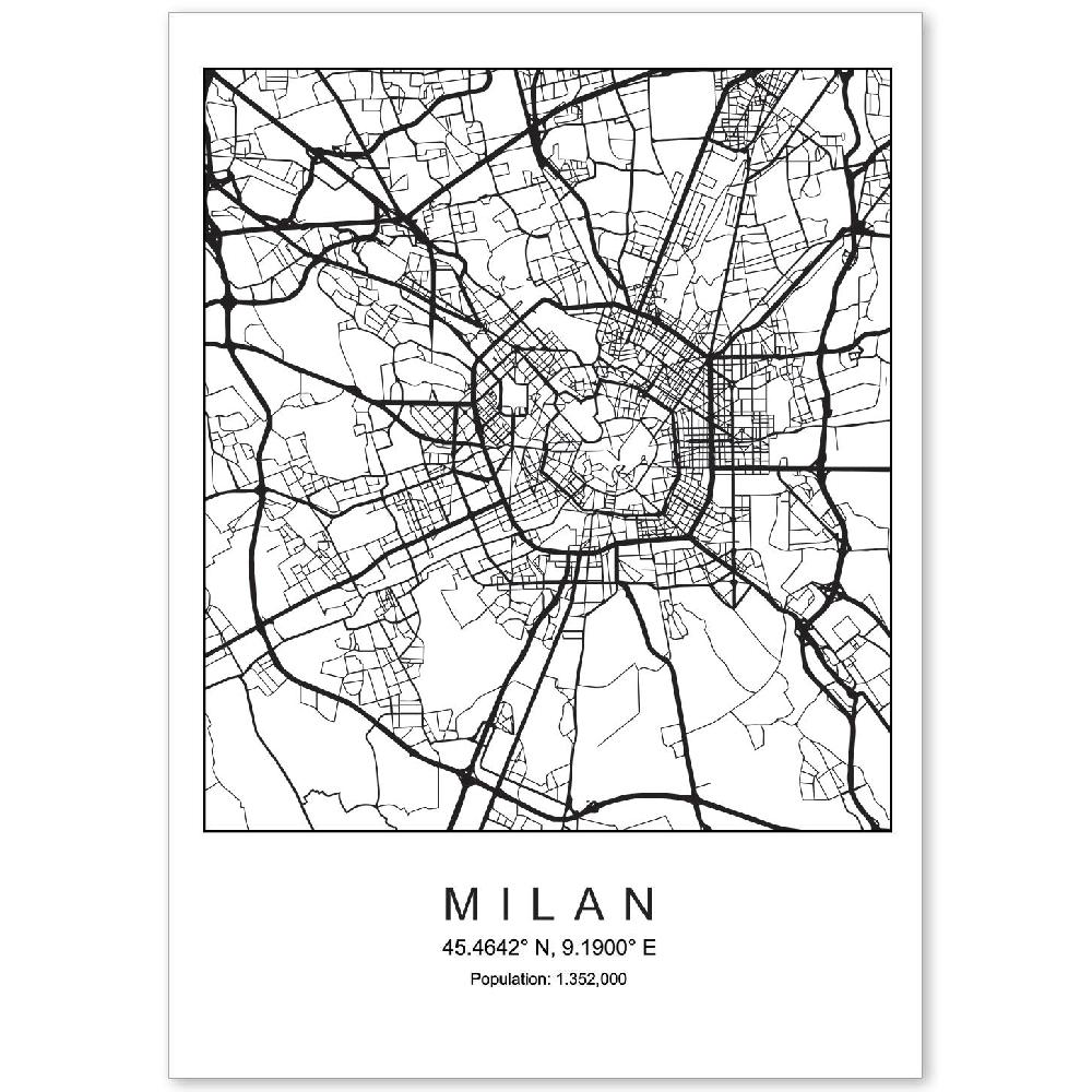 nacnic Lámina estilo nórdico del mapa de Milan en blanco y negro