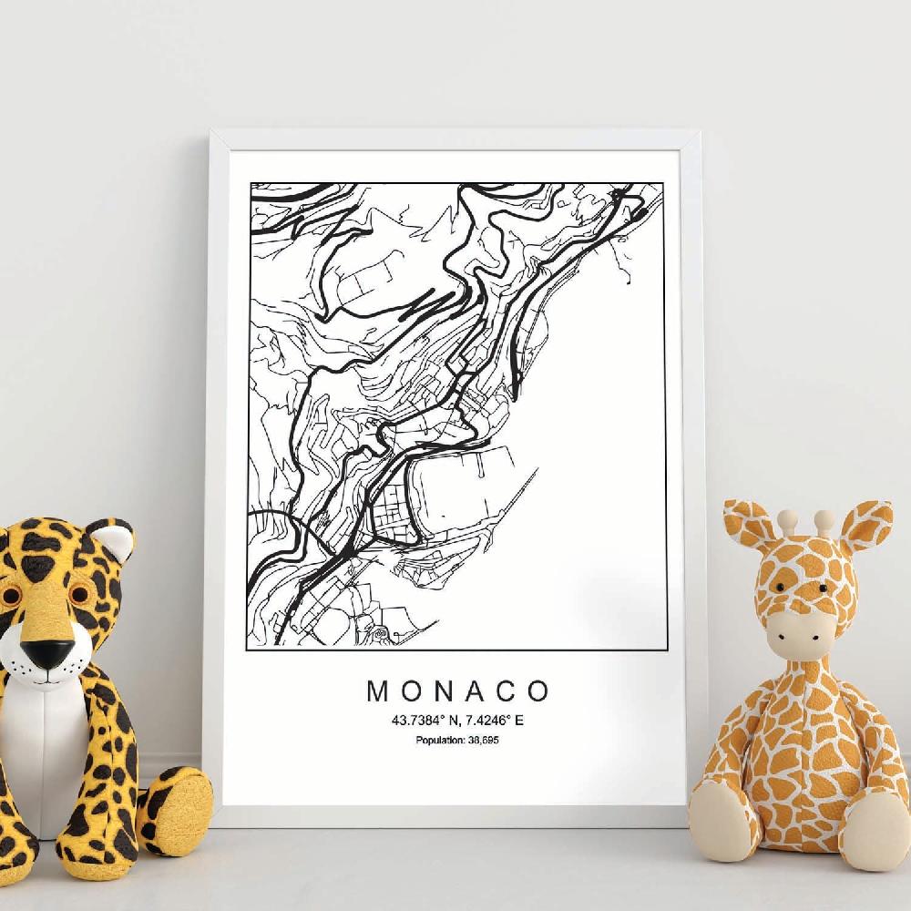 Nacnic Lámina Estilo Nórdico Del Mapa De Monaco En Blanco Y Negro