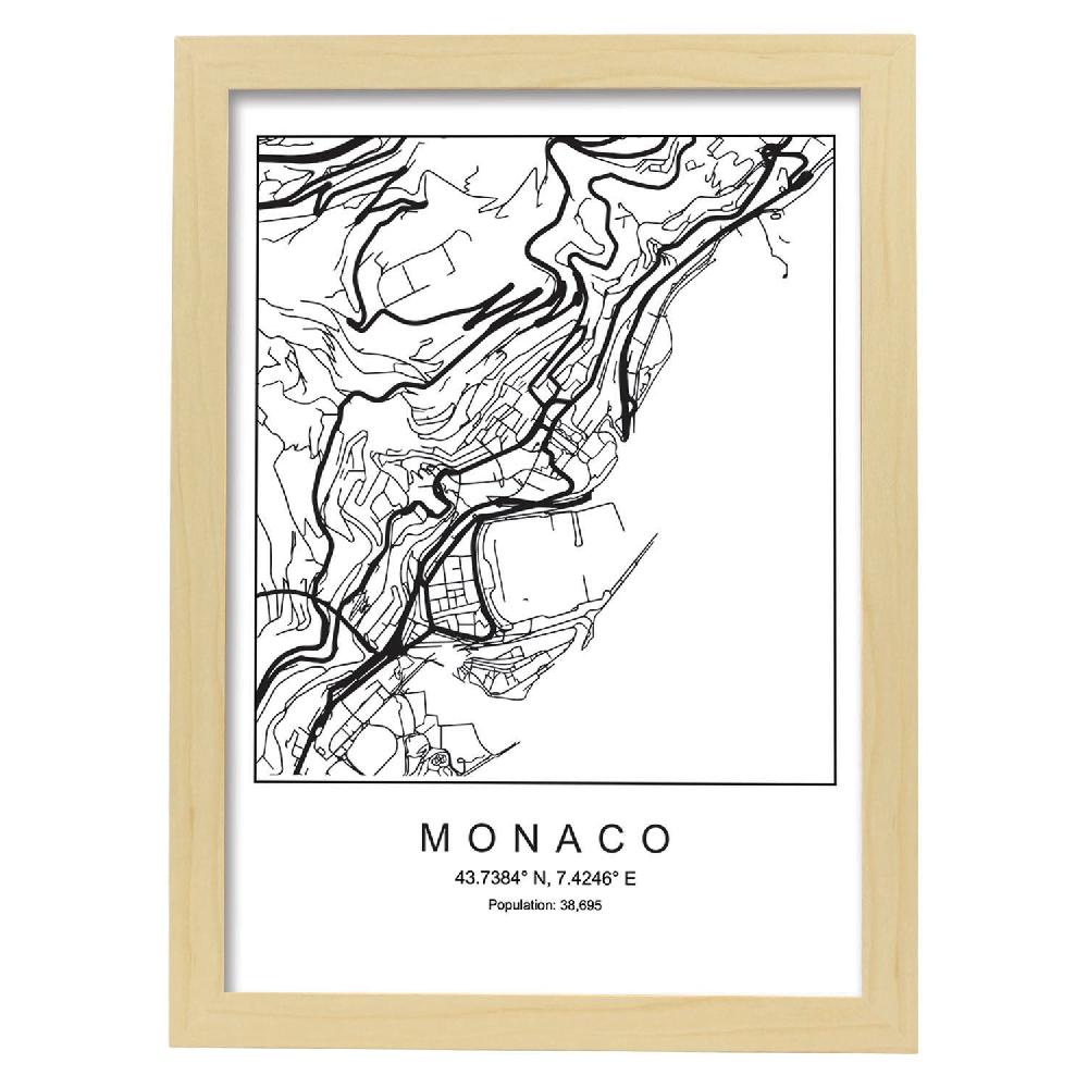 Nacnic Lámina Estilo Nórdico Del Mapa De Monaco En Blanco Y Negro
