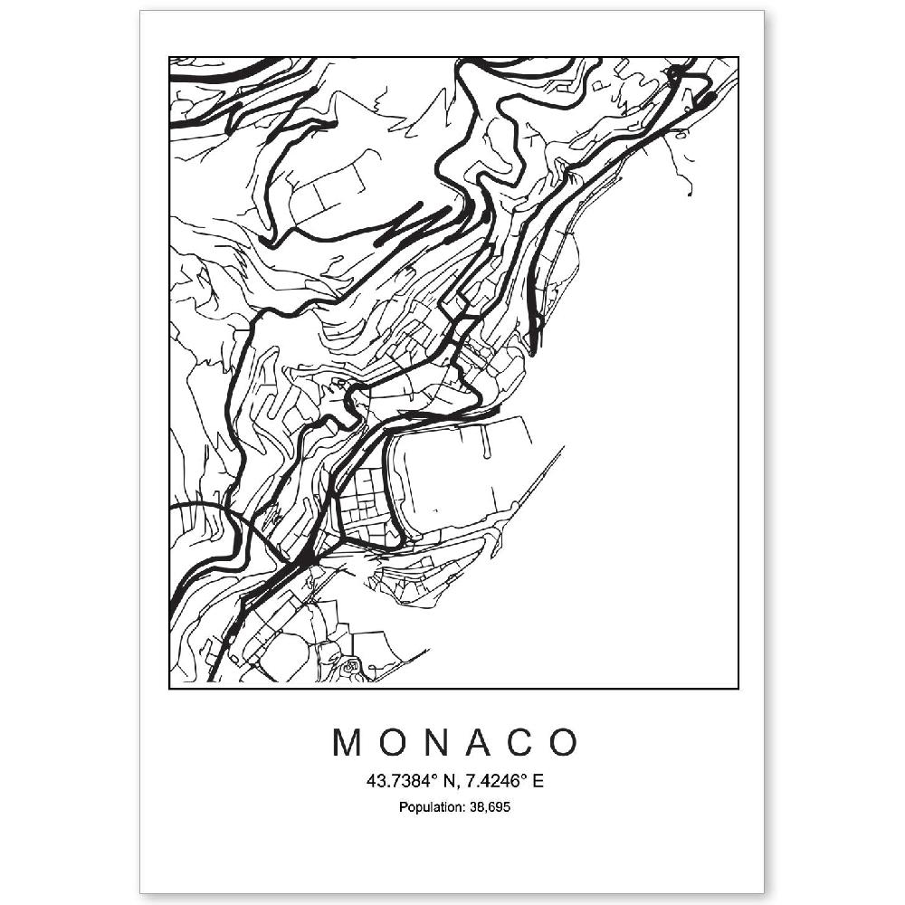 nacnic Lámina estilo nórdico del mapa de Monaco en blanco y negro