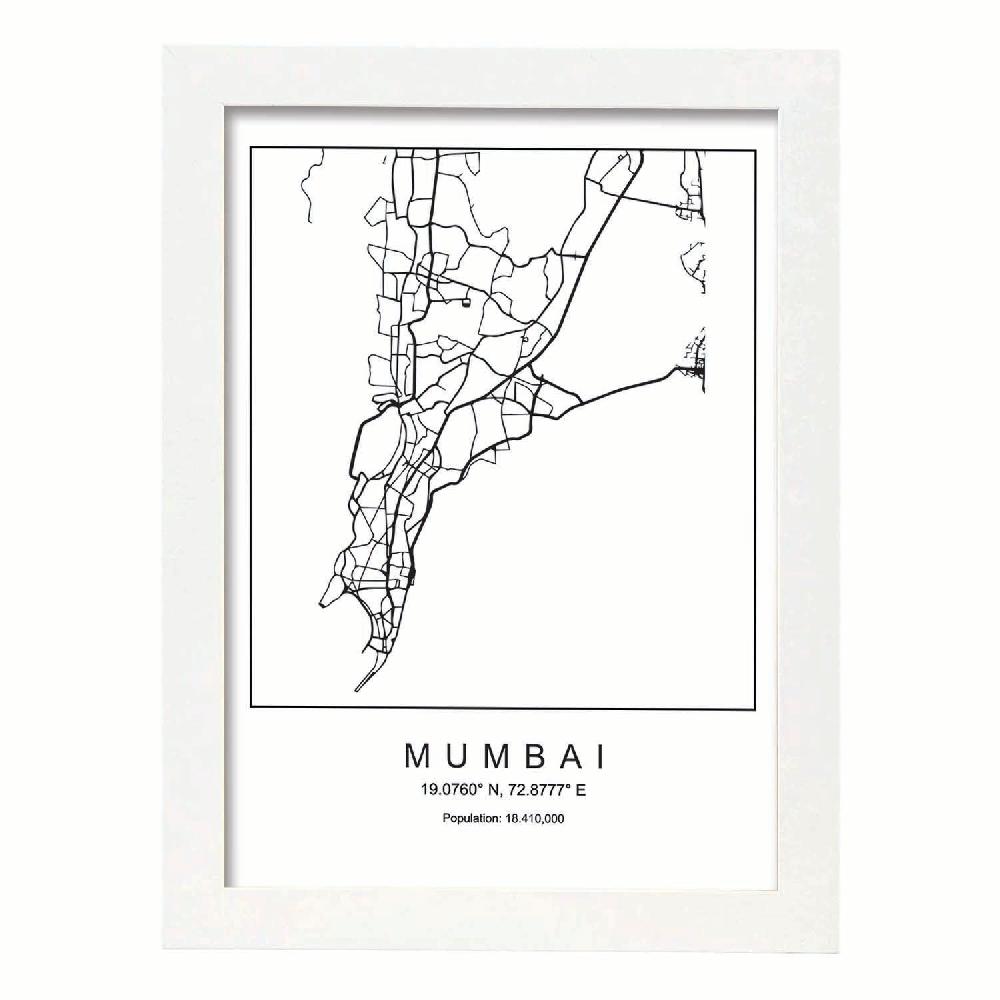 Nacnic Lámina Estilo Nórdico Del Mapa De Mumbai En Blanco Y Negro