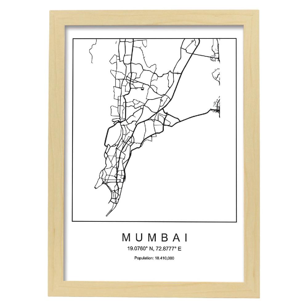 Nacnic Lámina Estilo Nórdico Del Mapa De Mumbai En Blanco Y Negro