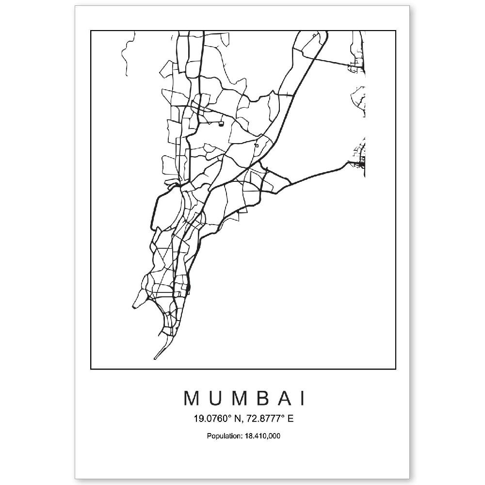 nacnic Lámina estilo nórdico del mapa de Mumbai en blanco y negro