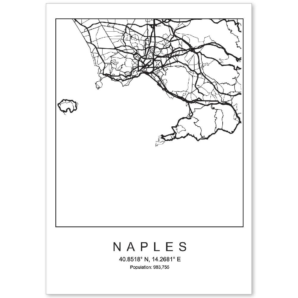 nacnic Lámina estilo nórdico del mapa de Naples en blanco y negro