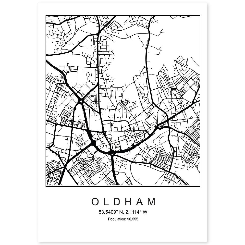 nacnic Lámina estilo nórdico del mapa de Oldham en blanco y negro