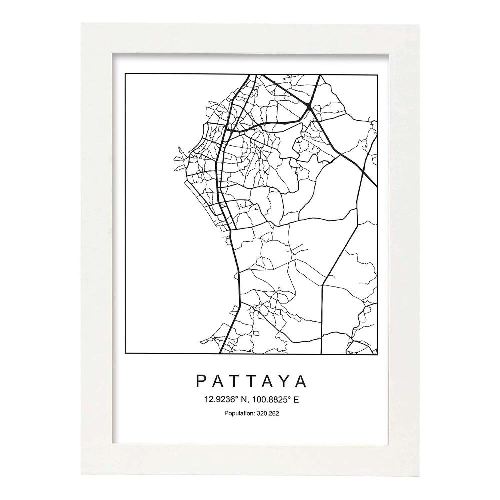 Nacnic Lámina Estilo Nórdico Del Mapa De Pattaya En Blanco Y Negro