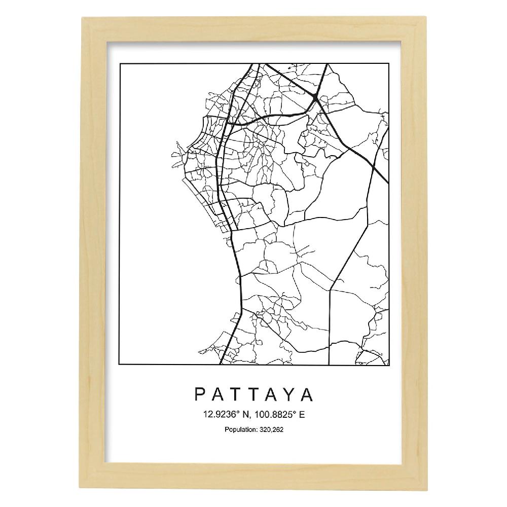 Nacnic Lámina Estilo Nórdico Del Mapa De Pattaya En Blanco Y Negro