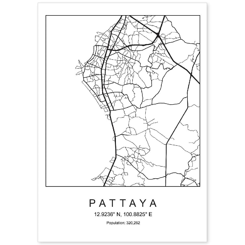 nacnic Lámina estilo nórdico del mapa de Pattaya en blanco y negro