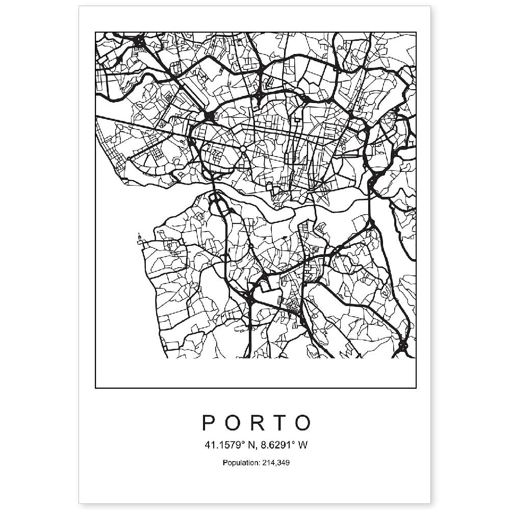 nacnic Lámina estilo nórdico del mapa de Porto en blanco y negro