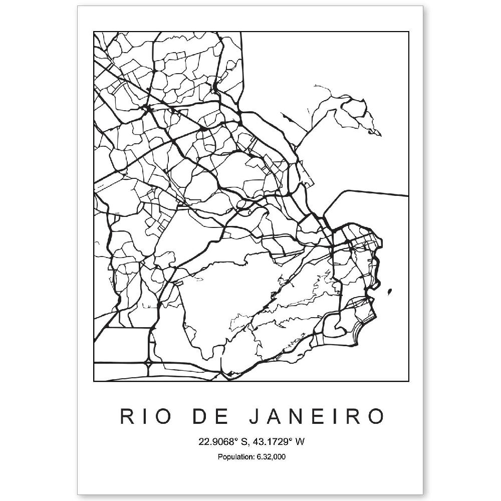 nacnic Lámina estilo nórdico del mapa de Rio de Janeiro en blanco y negro