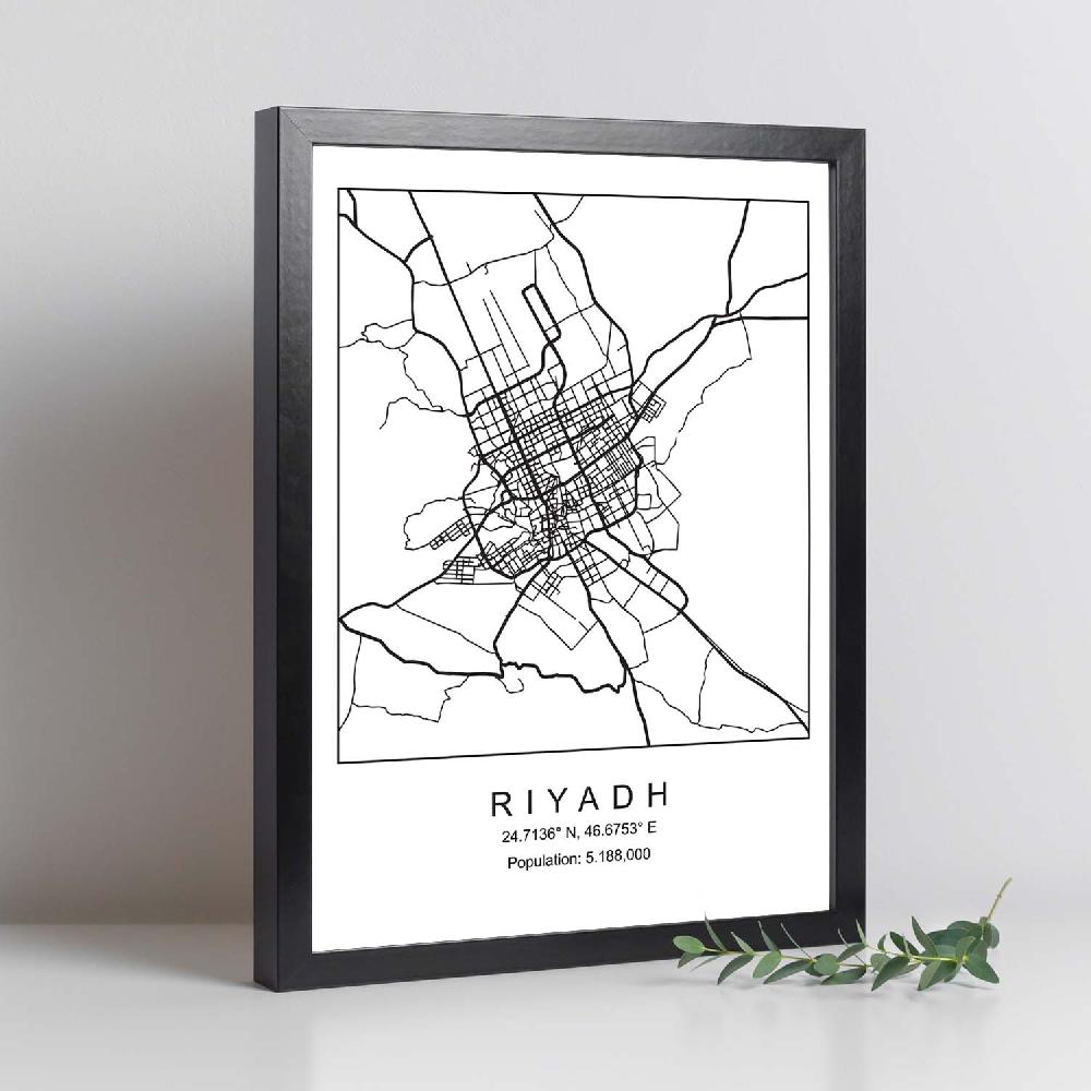 Nacnic Lámina Estilo Nórdico Del Mapa De Riyadh En Blanco Y Negro