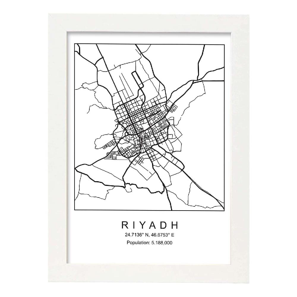 Nacnic Lámina Estilo Nórdico Del Mapa De Riyadh En Blanco Y Negro