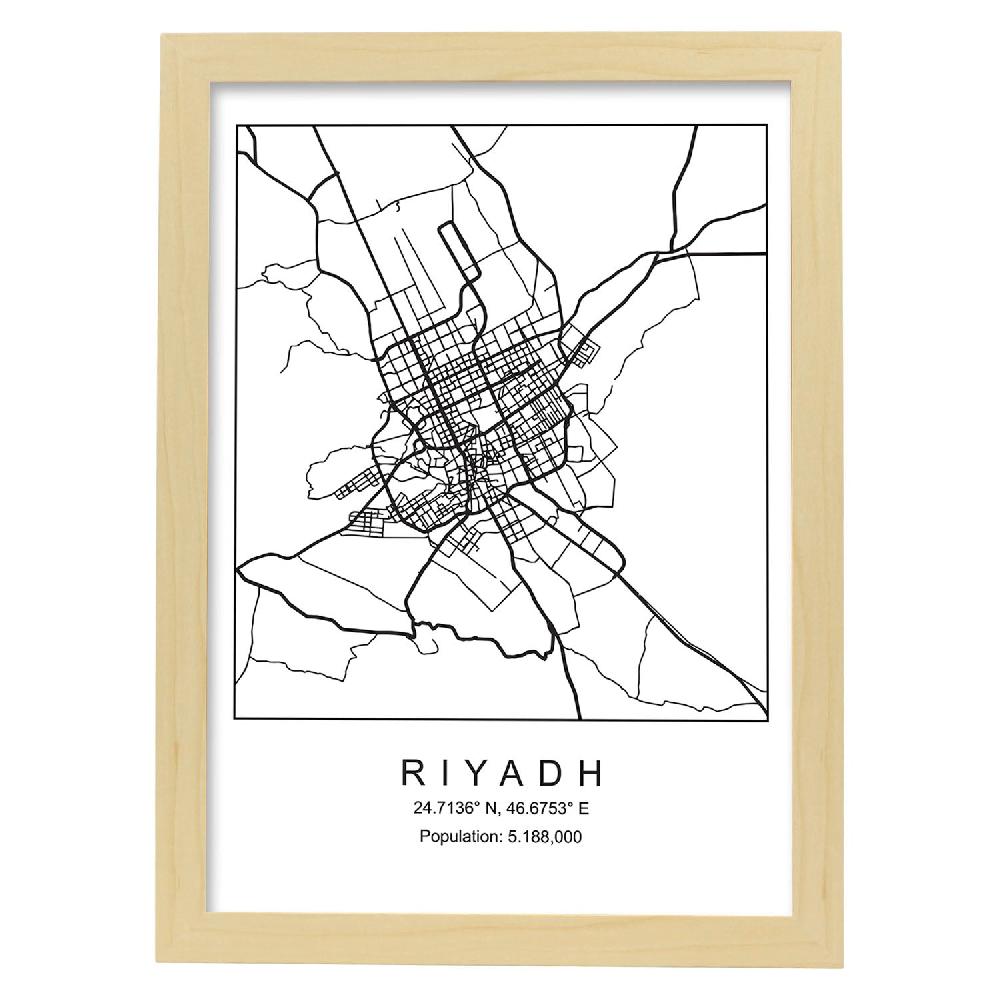 Nacnic Lámina Estilo Nórdico Del Mapa De Riyadh En Blanco Y Negro