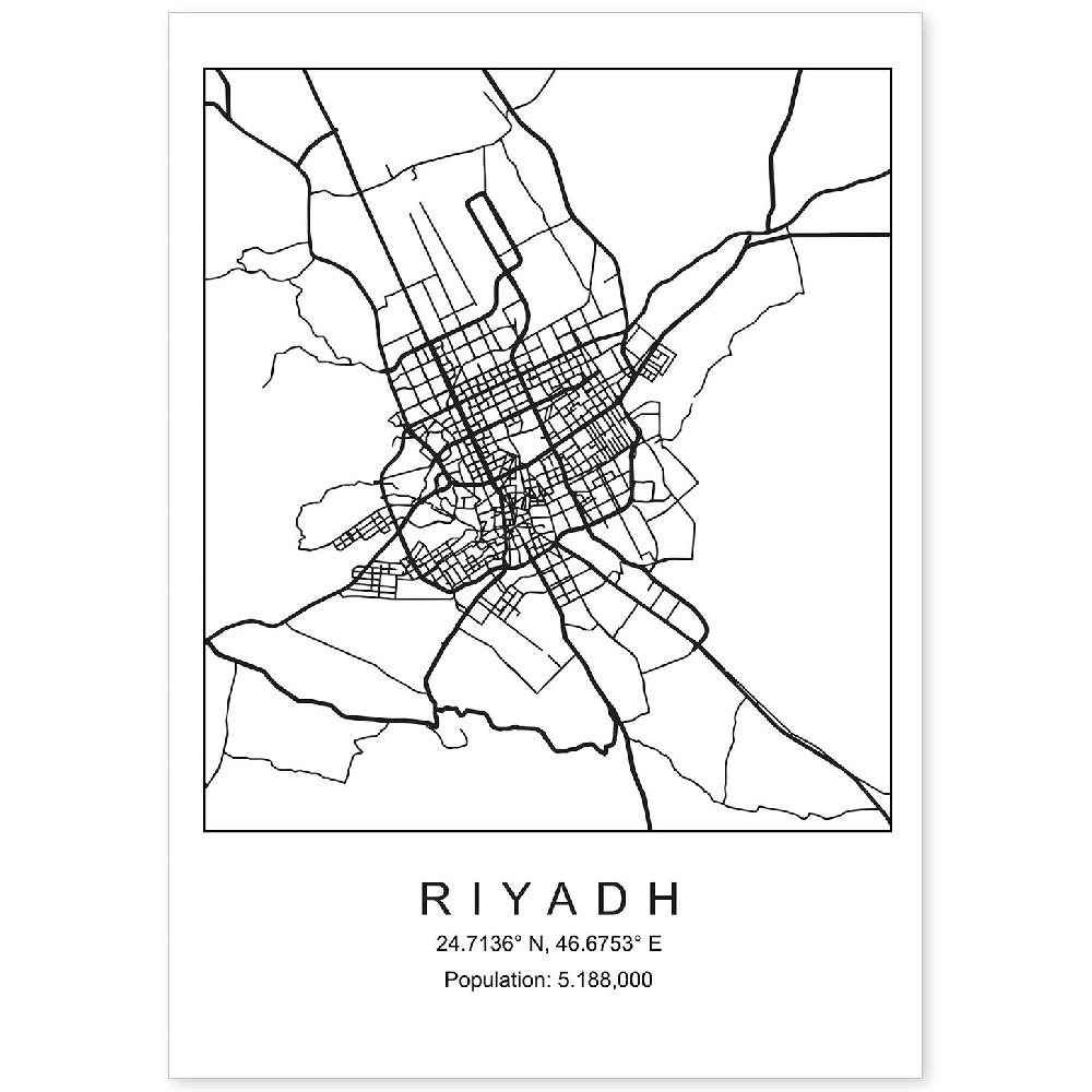 nacnic Lámina estilo nórdico del mapa de Riyadh en blanco y negro