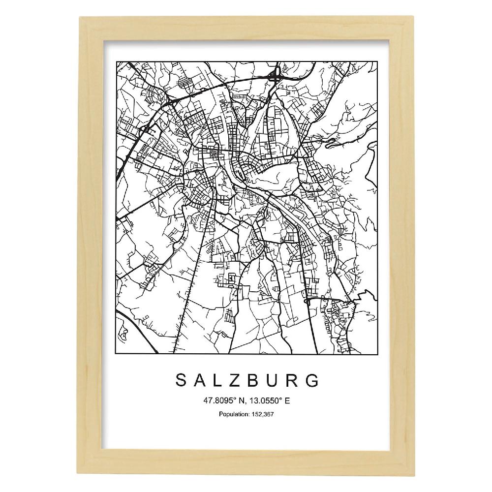 Nacnic Lámina Estilo Nórdico Del Mapa De Salzburg En Blanco Y Negro