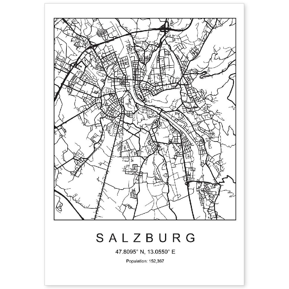 nacnic Lámina estilo nórdico del mapa de Salzburg en blanco y negro