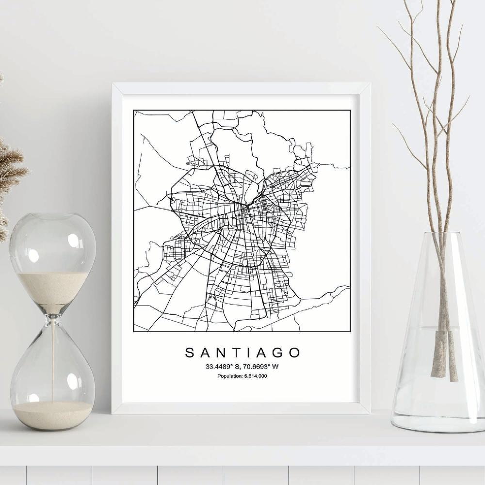 Nacnic Lámina Estilo Nórdico Del Mapa De Santiago En Blanco Y Negro