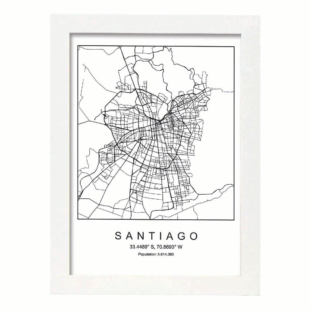 Nacnic Lámina Estilo Nórdico Del Mapa De Santiago En Blanco Y Negro