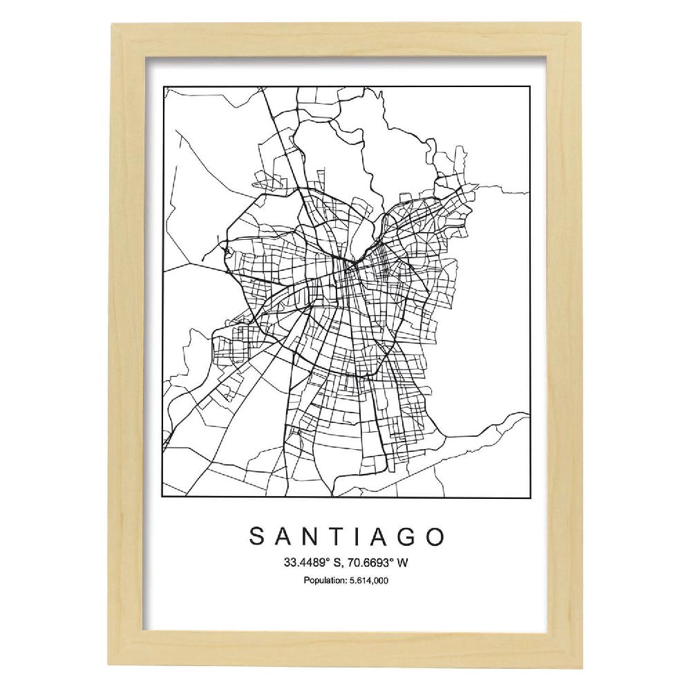 Nacnic Lámina Estilo Nórdico Del Mapa De Santiago En Blanco Y Negro