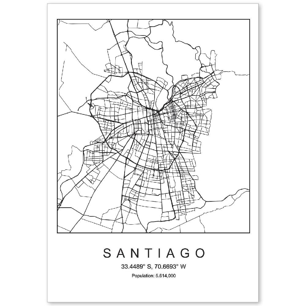 nacnic Lámina estilo nórdico del mapa de Santiago en blanco y negro